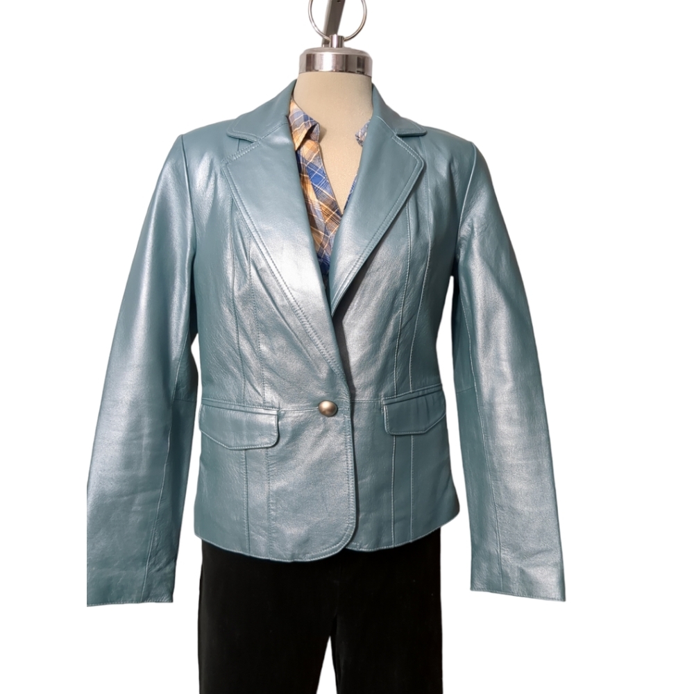 VintageWorthington genuine leather silver blue size medium women's jacket Size M